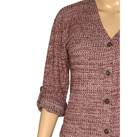 No Boundaries Top Women Small Purple White Button Front V Neck Roll Tab Stretch - Picture 5 of 10